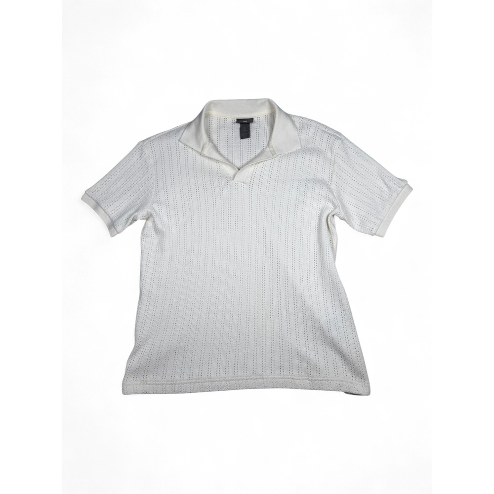 H&M Mens Pointelle Knit Polo Shirt White Cream Regular Fit Small Johnny Collar